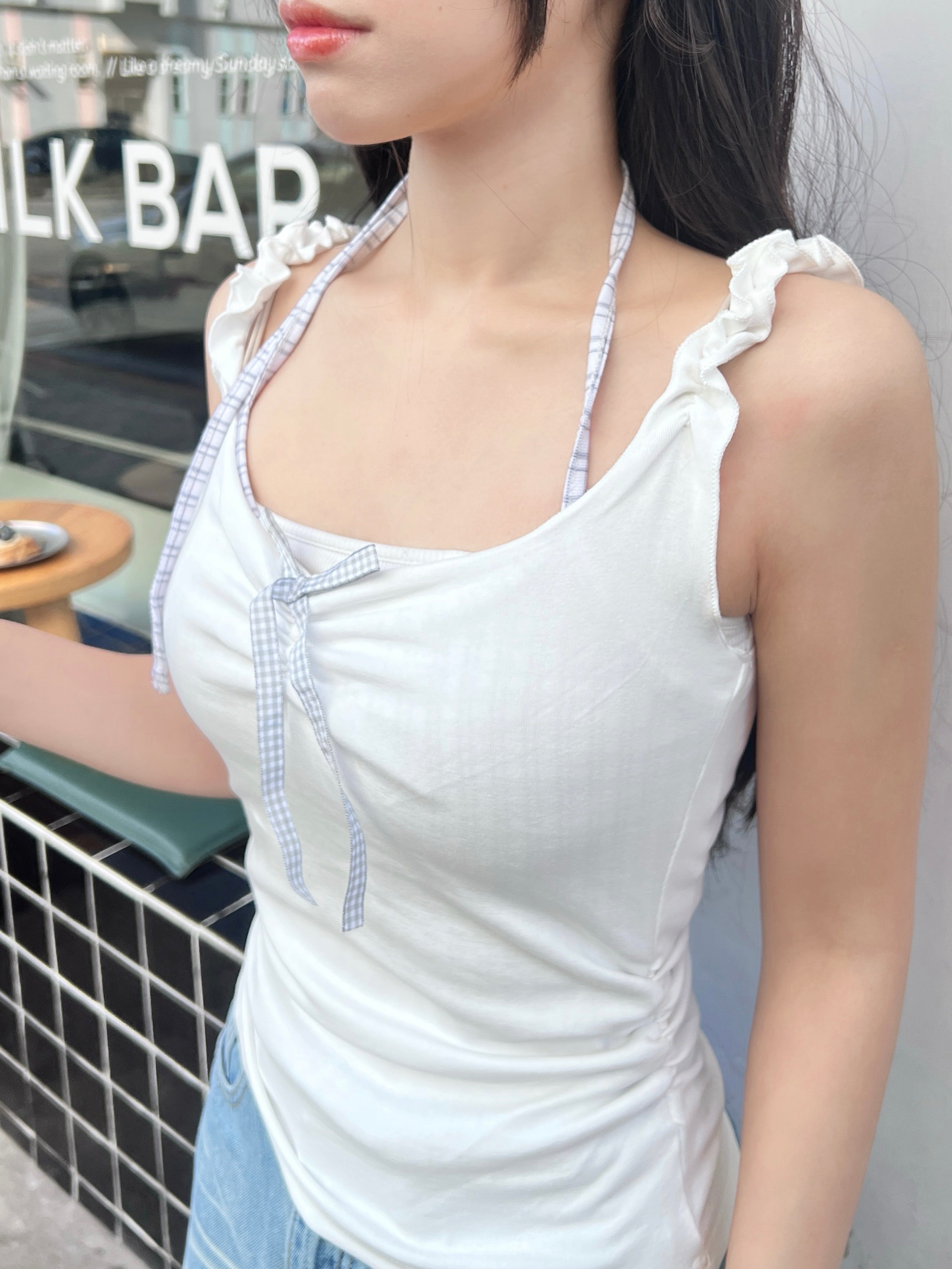 T4266 | 假兩件花邊蝴蝶結格紋掛脖背心（3色入）