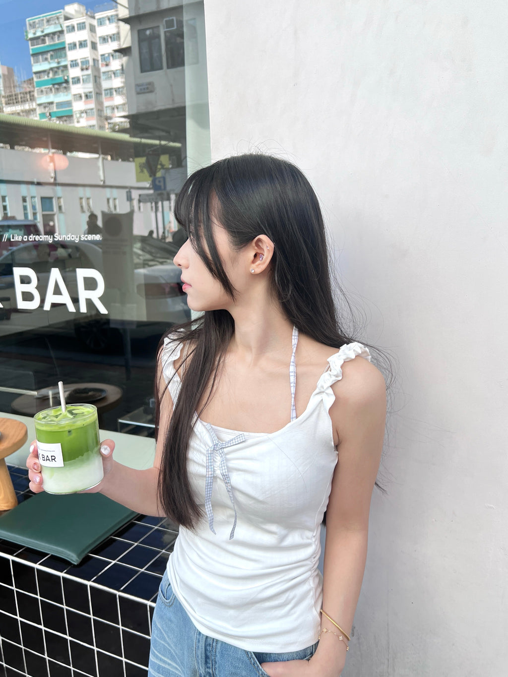 T4266 | 假兩件花邊蝴蝶結格紋掛脖背心（3色入）