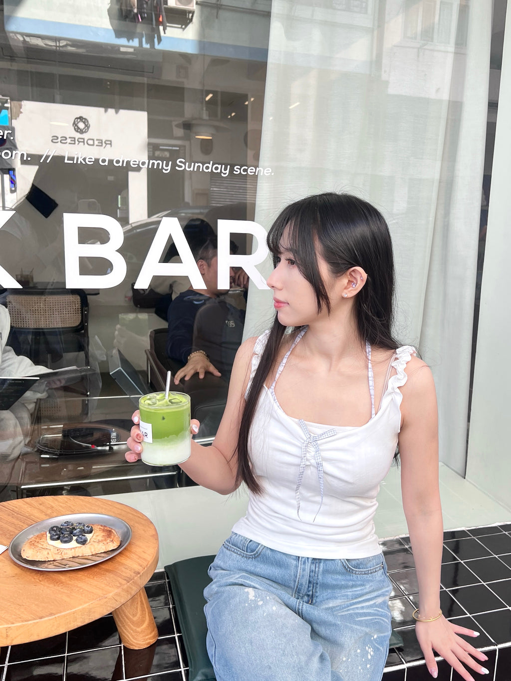 T4266 | 假兩件花邊蝴蝶結格紋掛脖背心（3色入）