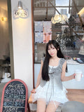 T4265 | 蝴蝶結綁帶格子掛脖吊帶兩件套上衣（2色入）
