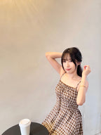 D2116 |復古格紋吊帶連身裙🎞️（3色入）