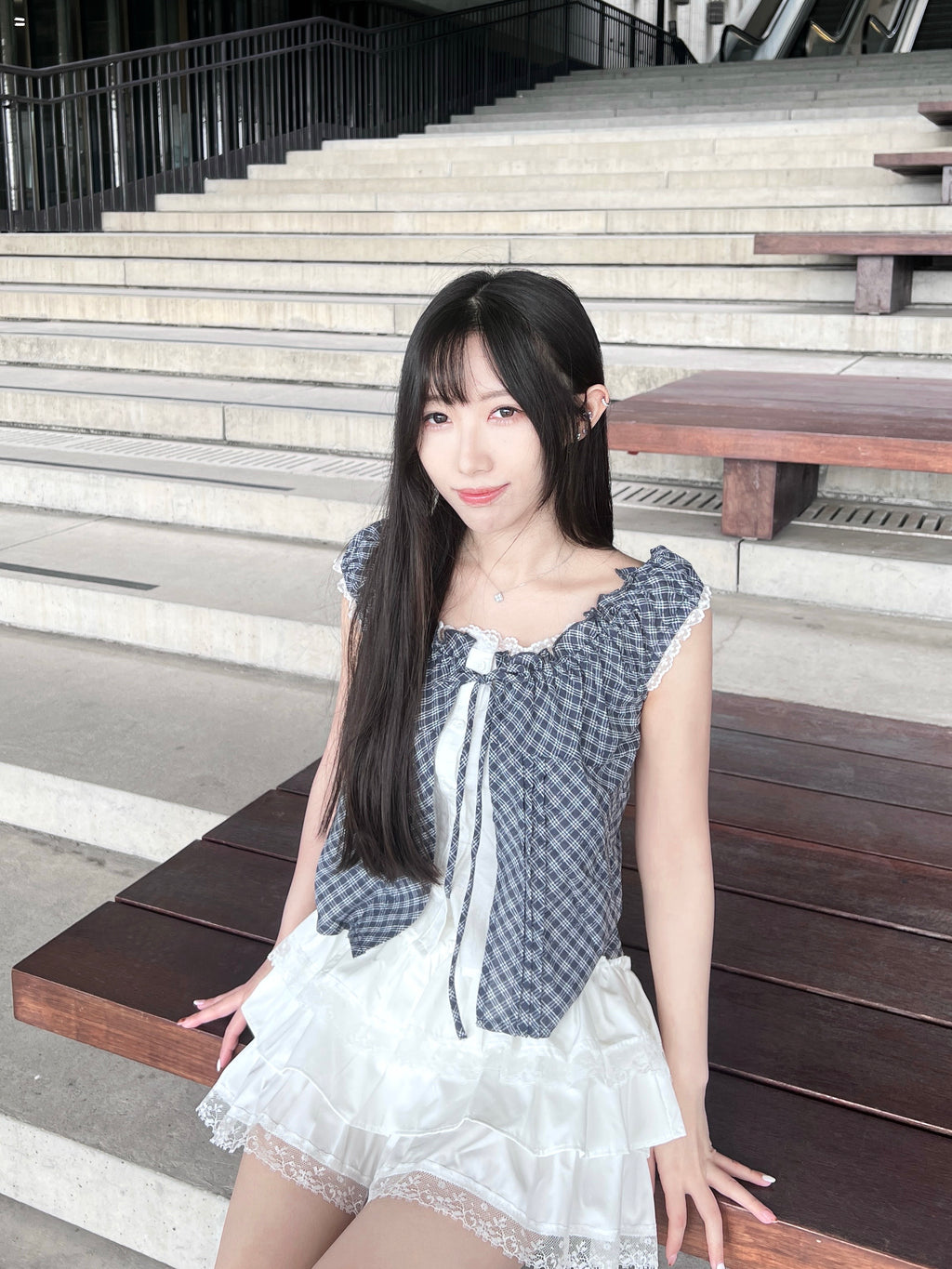 T4285 |.ᐟ.ᐟ韓系格紋蕾絲假兩件.☘︎ ݁˖（2色入）