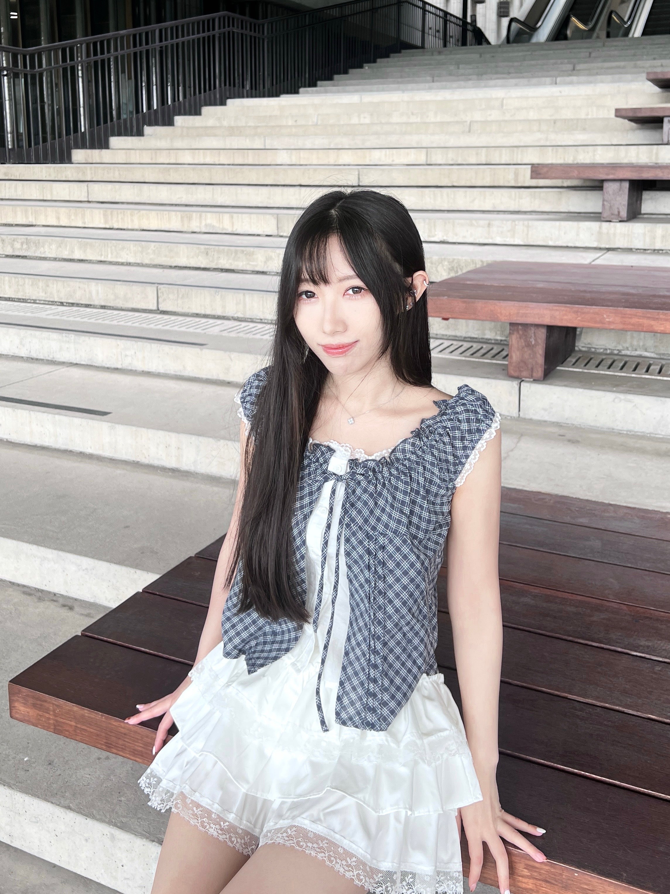 T4285 |.ᐟ.ᐟ韓系格紋蕾絲假兩件.☘︎ ݁˖（2色入）
