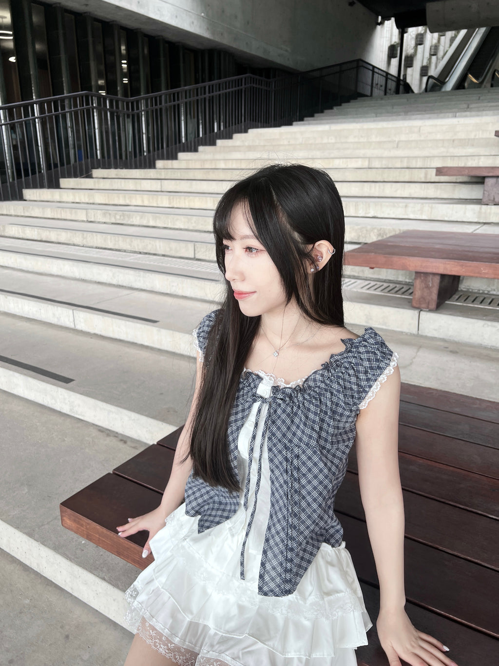 T4285 |.ᐟ.ᐟ韓系格紋蕾絲假兩件.☘︎ ݁˖（2色入）