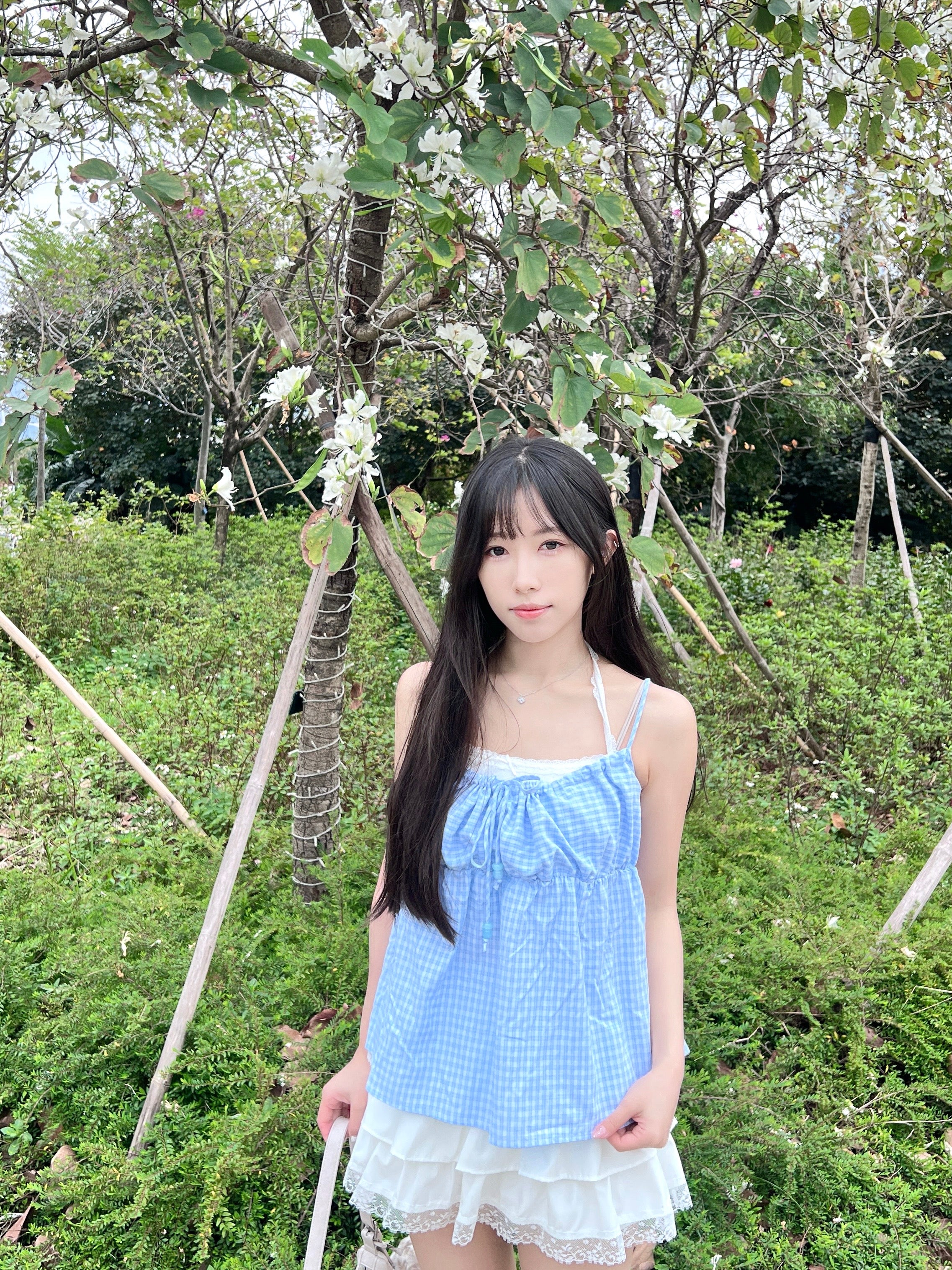 T4268 |田園格紋蕾絲假兩件⋆˚✿˖°