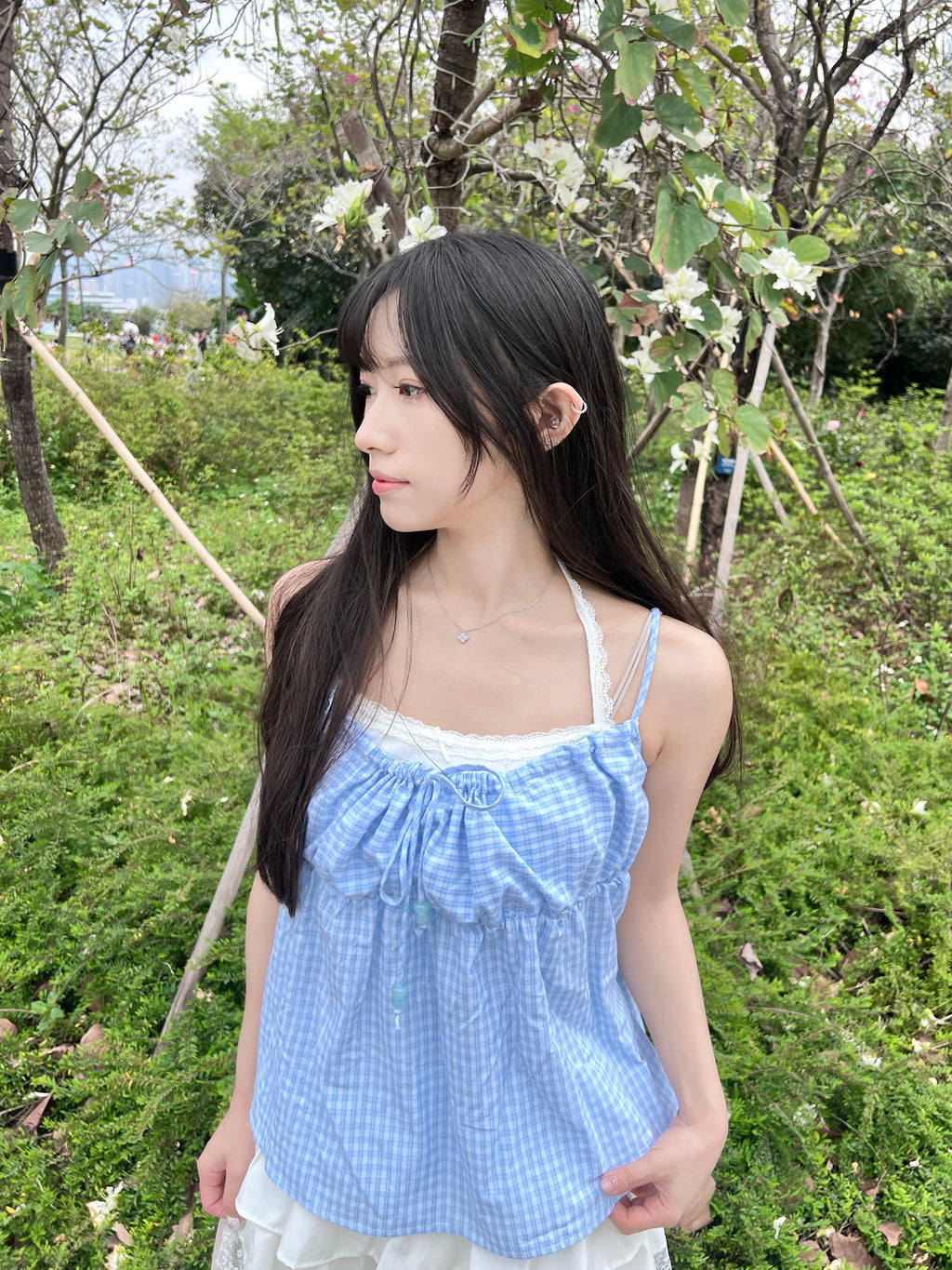 T4268 |田園格紋蕾絲假兩件⋆˚✿˖°