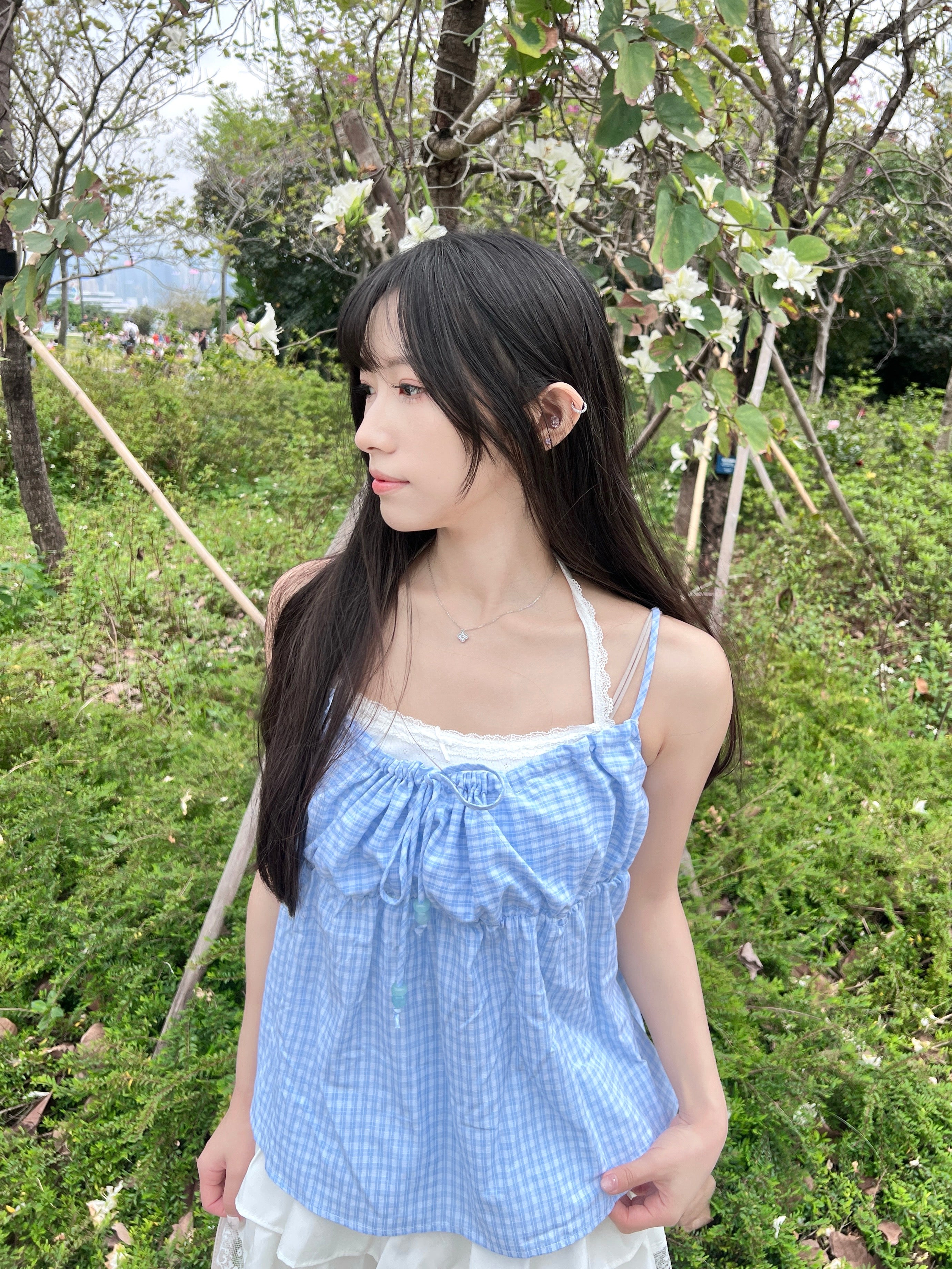 T4268 |田園格紋蕾絲假兩件⋆˚✿˖°
