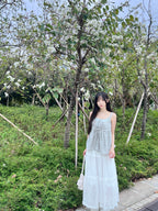 T4290 |日系格紋蝴蝶結吊帶兩件套ꪔ ྀིྀི (3色入）