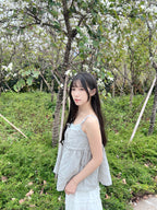 T4290 |日系格紋蝴蝶結吊帶兩件套ꪔ ྀིྀི (3色入）