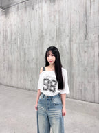 T4237 | 迷彩數字印花露肩大T👣（2色入）