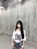 T4237 | 迷彩數字印花露肩大T👣（2色入）